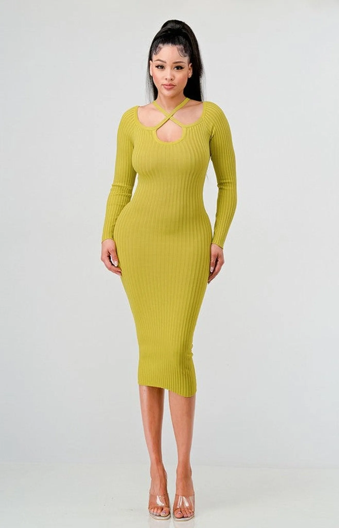 Knit Long sleeve Bodycon Midi Dress - Citron