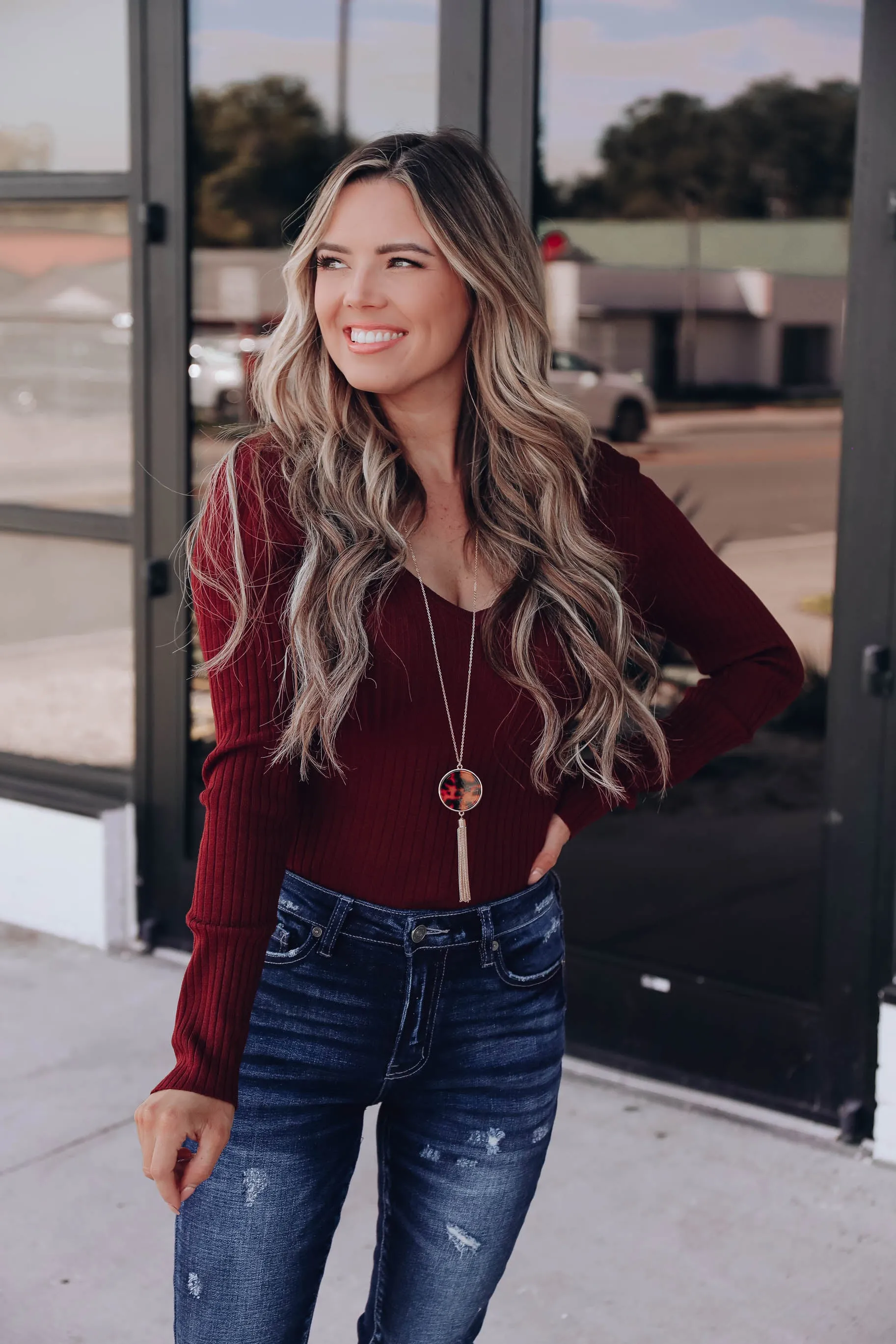 Krysten Double V Knit Sweater - Merlot