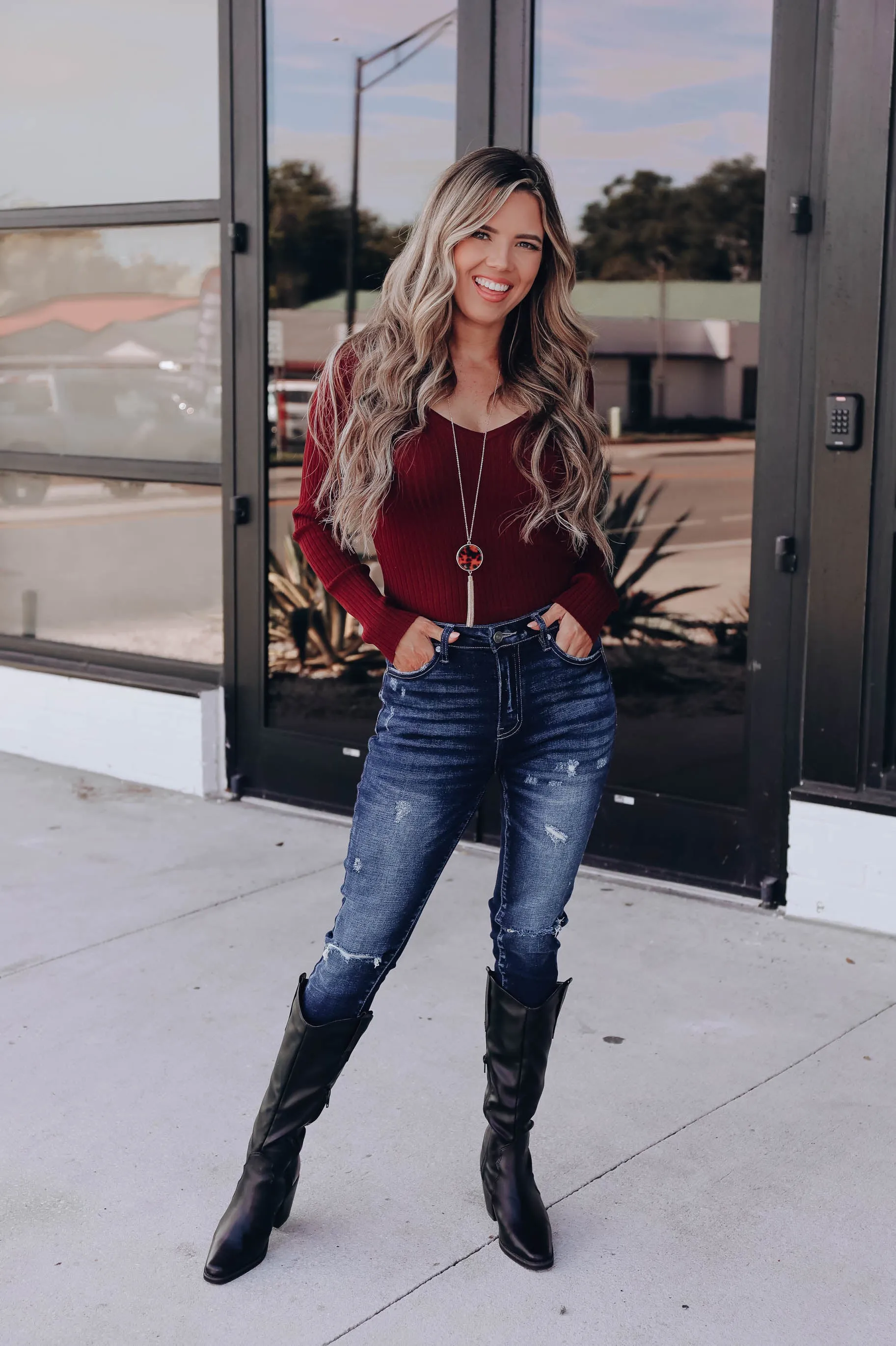 Krysten Double V Knit Sweater - Merlot