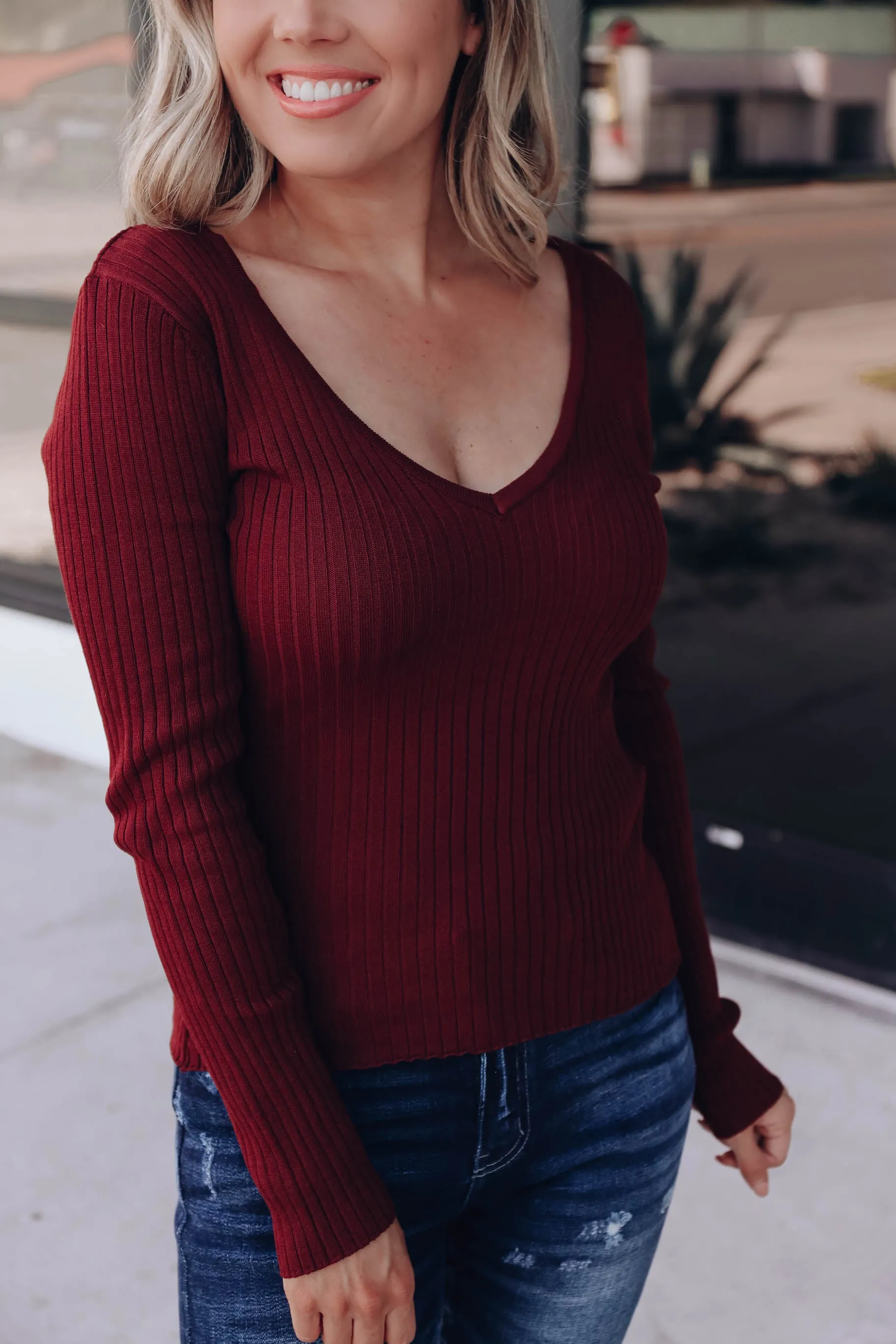 Krysten Double V Knit Sweater - Merlot
