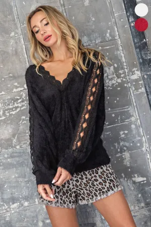 Lace Trim Fuzzy Sweater