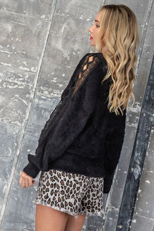 Lace Trim Fuzzy Sweater