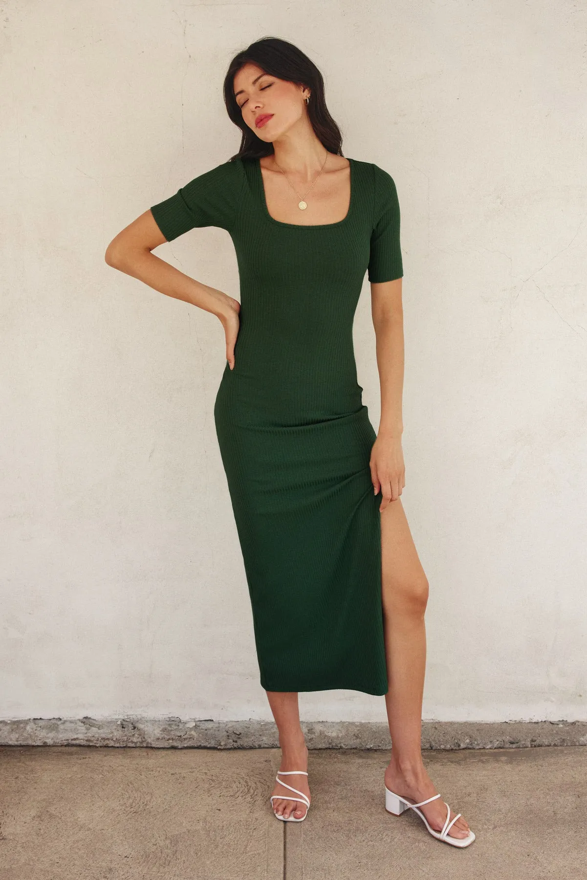 Larina Simple Short Sleeve Midi Knit Slip Dress