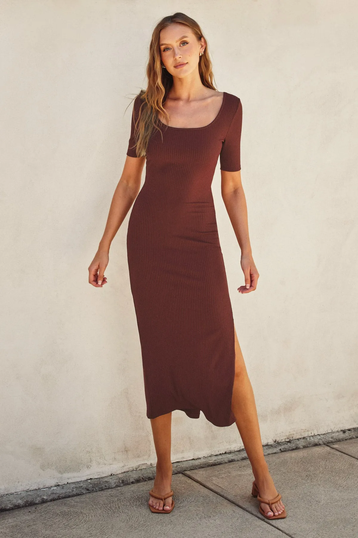 Larina Simple Short Sleeve Midi Knit Slip Dress