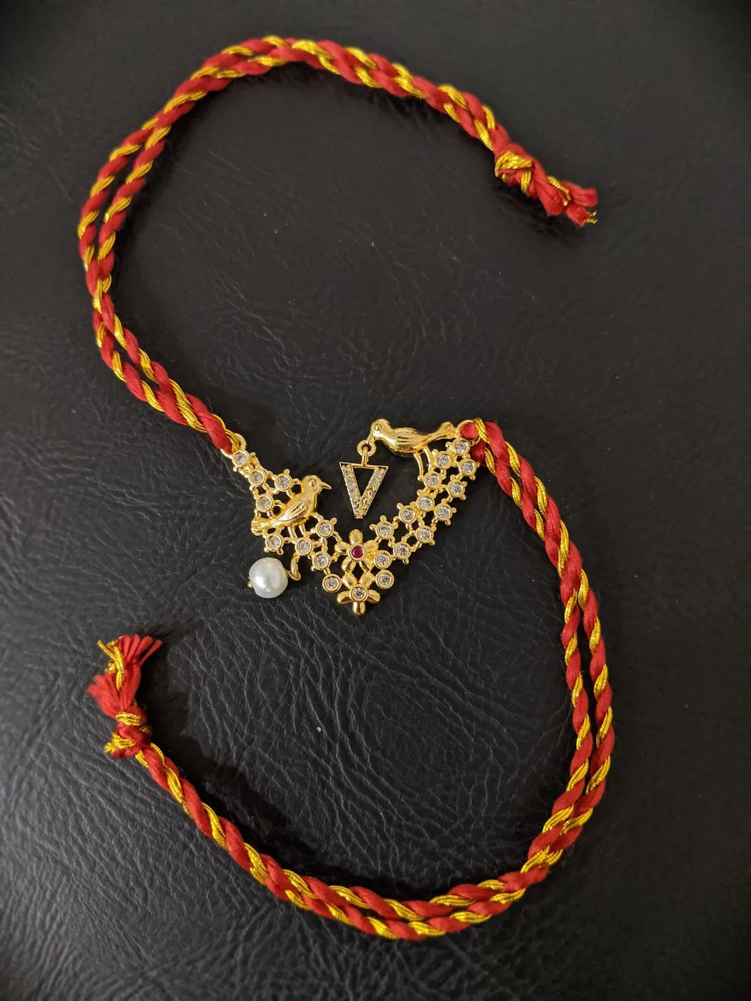 Letter V Name Rakhi Designs Alphabet AD Gold Plated with Pearl Customized Pendant Raksha Bandhan