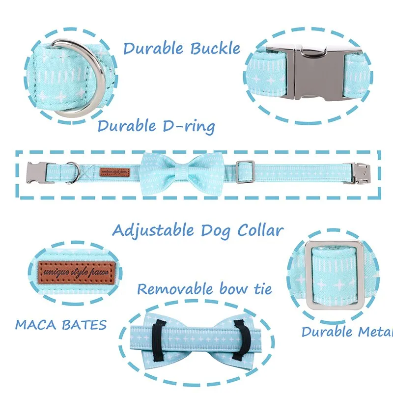 Light Blue Bow Tie Dog Collar with Pattern
