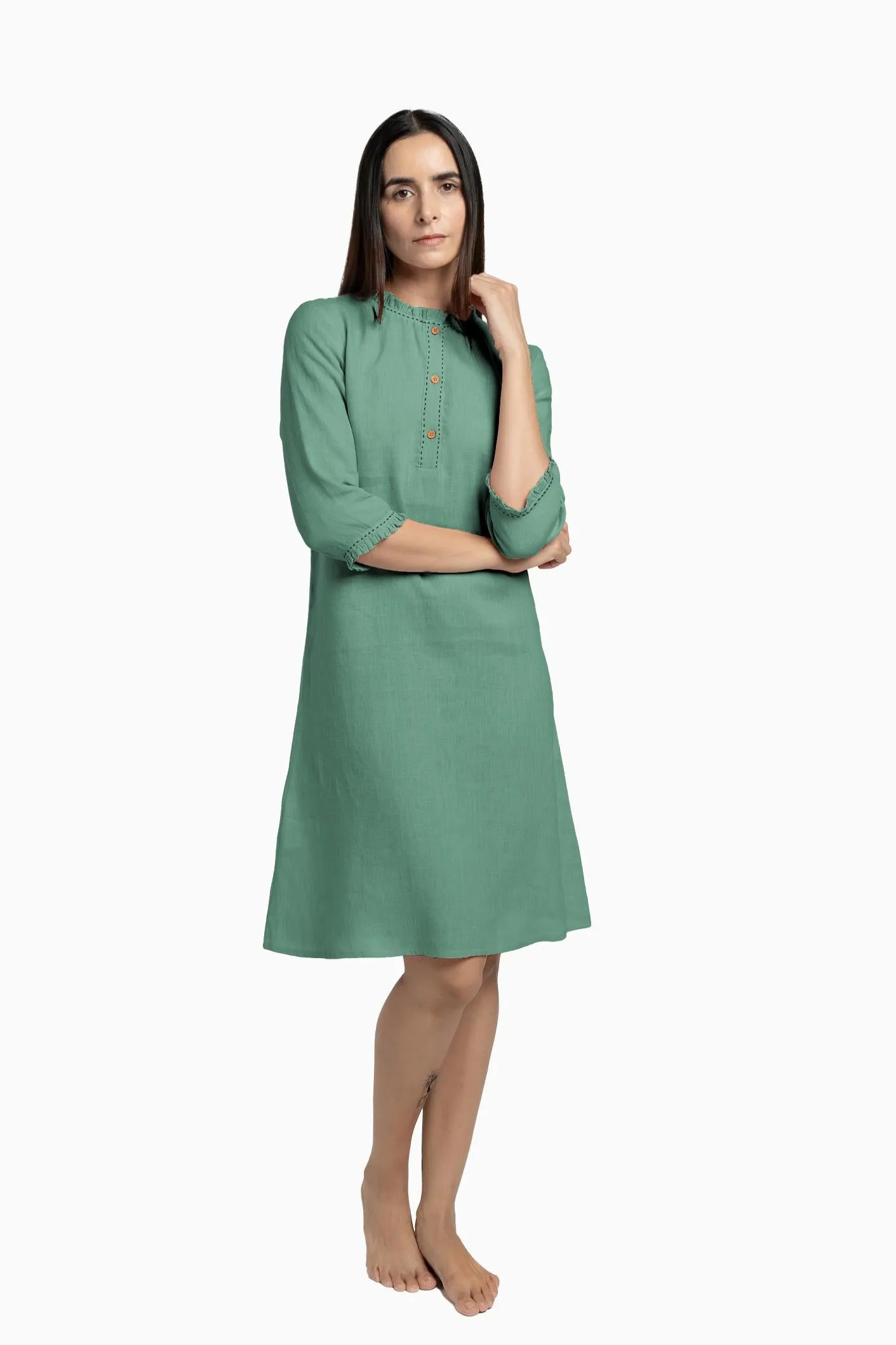 Linen Amber A-Line Dress-Midnight Green