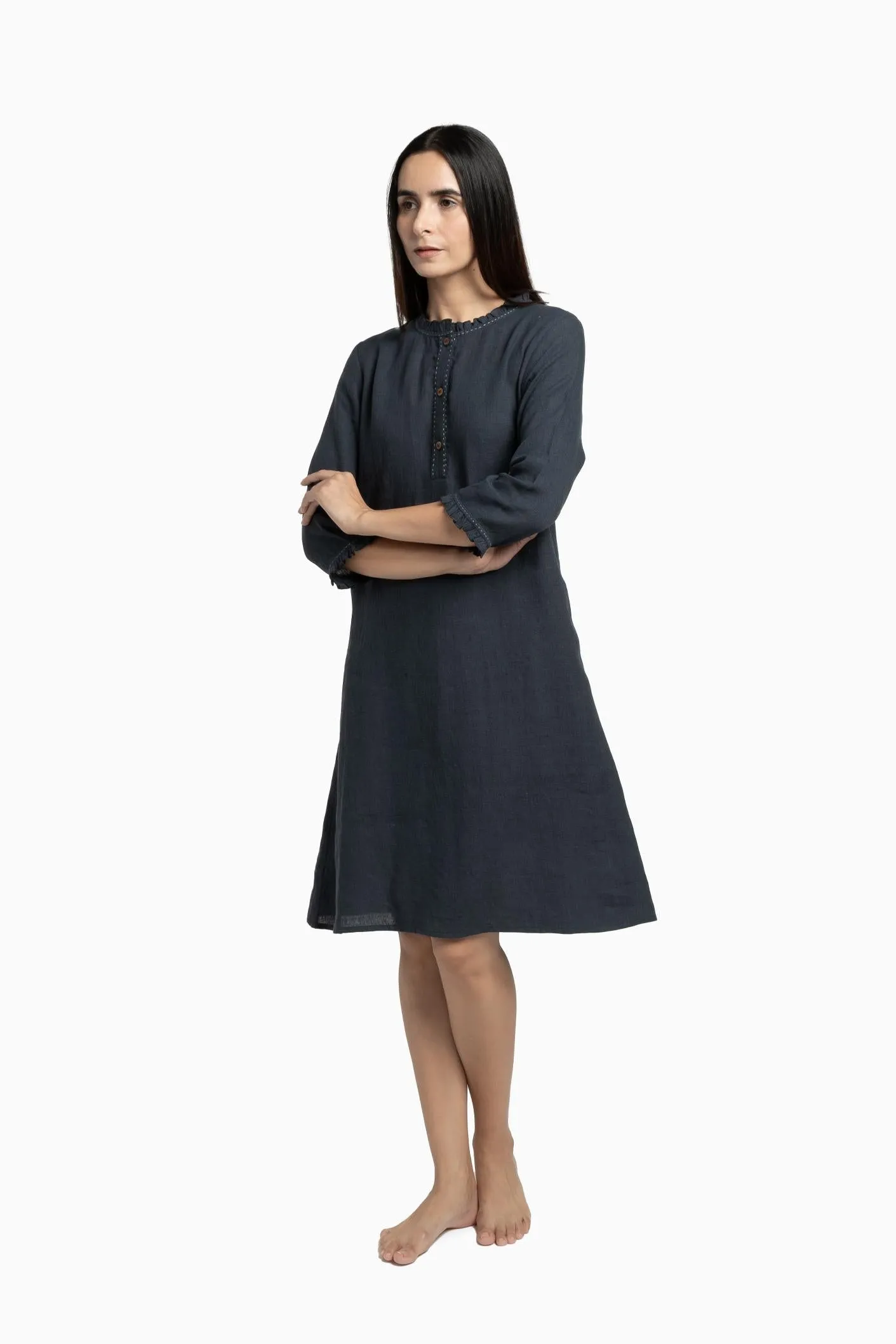 Linen Amber A-Line Dress-Midnight Green