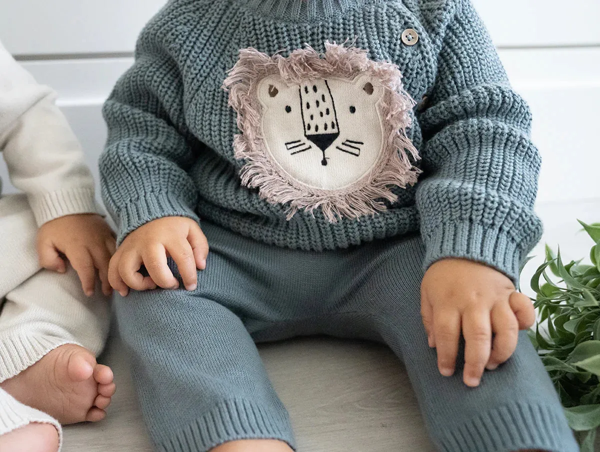 Lion Baby Sweater in Teal Blue