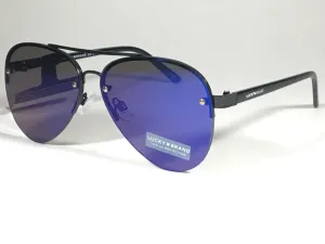 Lucky Brand Avalon Rimless Aviator Pilot Sunglasses Black Blue Mirror Lens