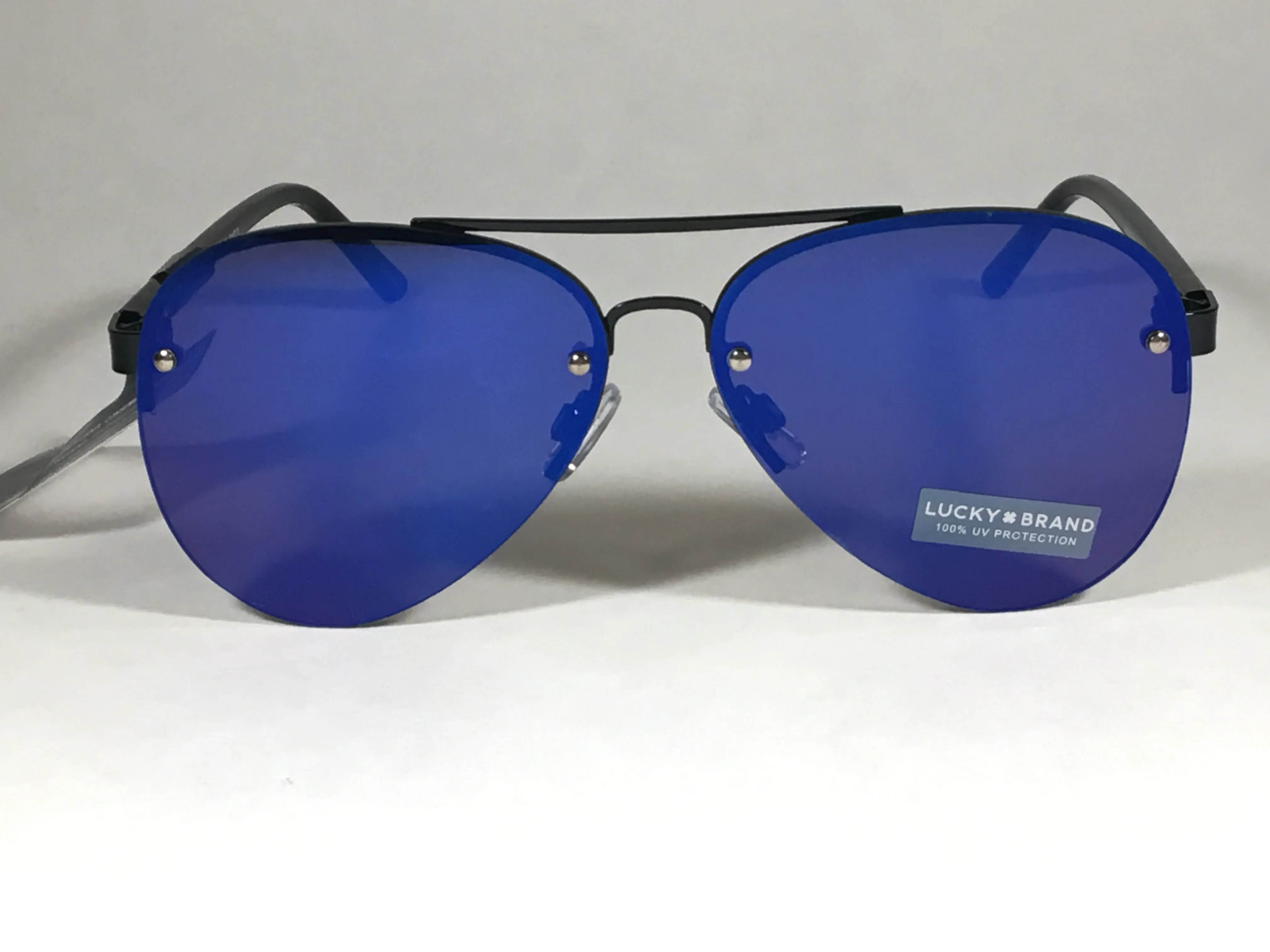 Lucky Brand Avalon Rimless Aviator Pilot Sunglasses Black Blue Mirror Lens