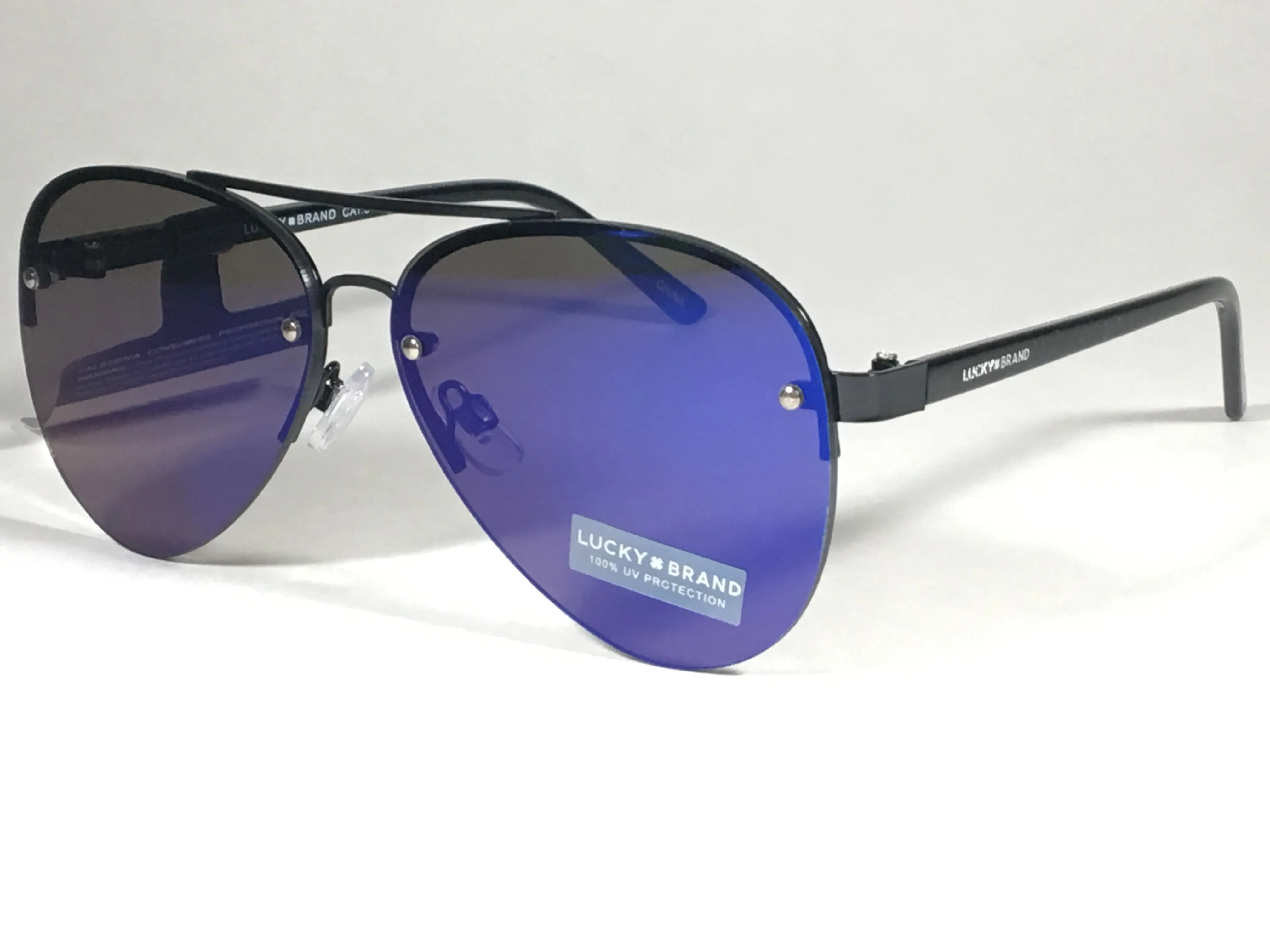 Lucky Brand Avalon Rimless Aviator Pilot Sunglasses Black Blue Mirror Lens