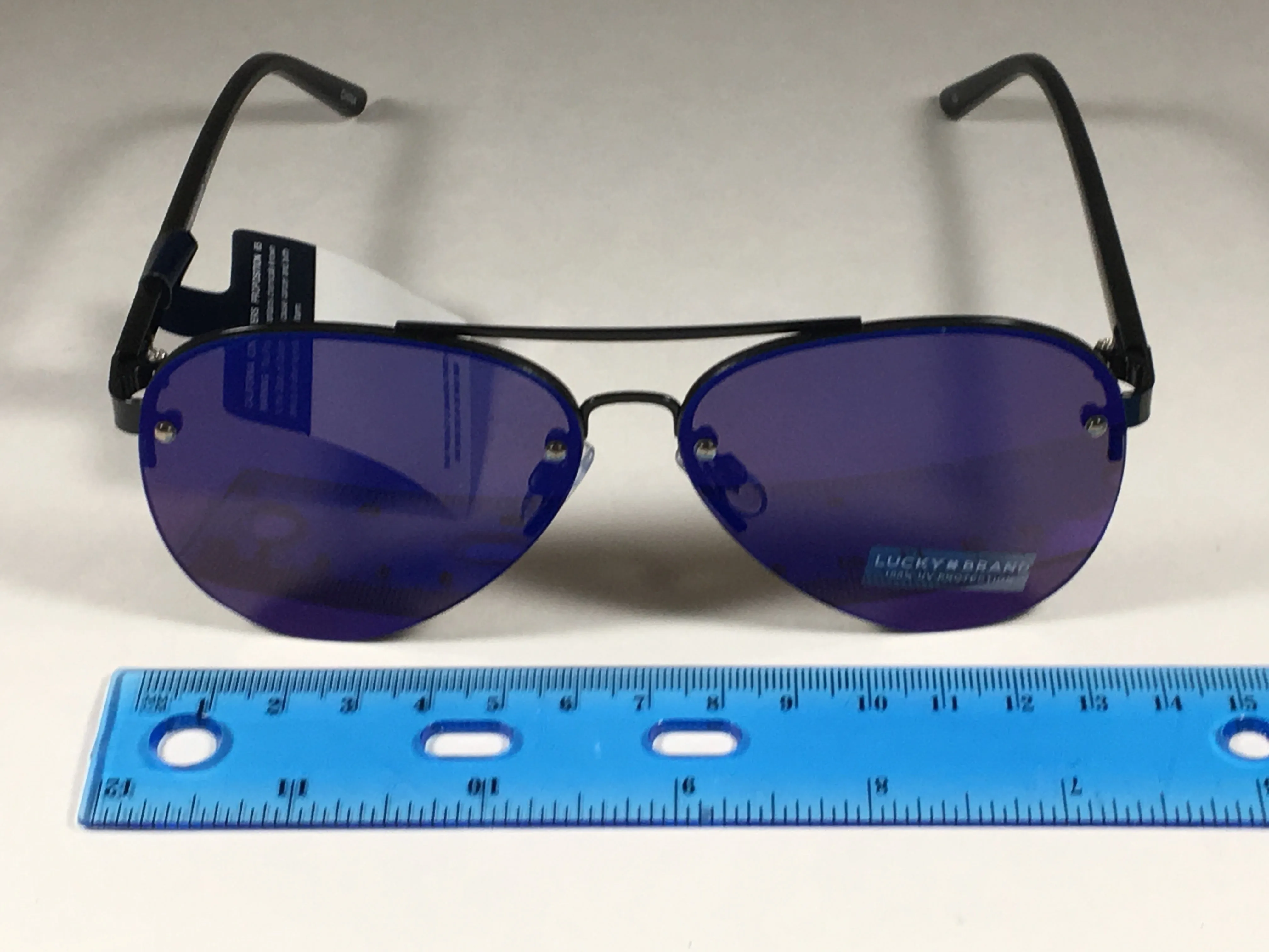 Lucky Brand Avalon Rimless Aviator Pilot Sunglasses Black Blue Mirror Lens