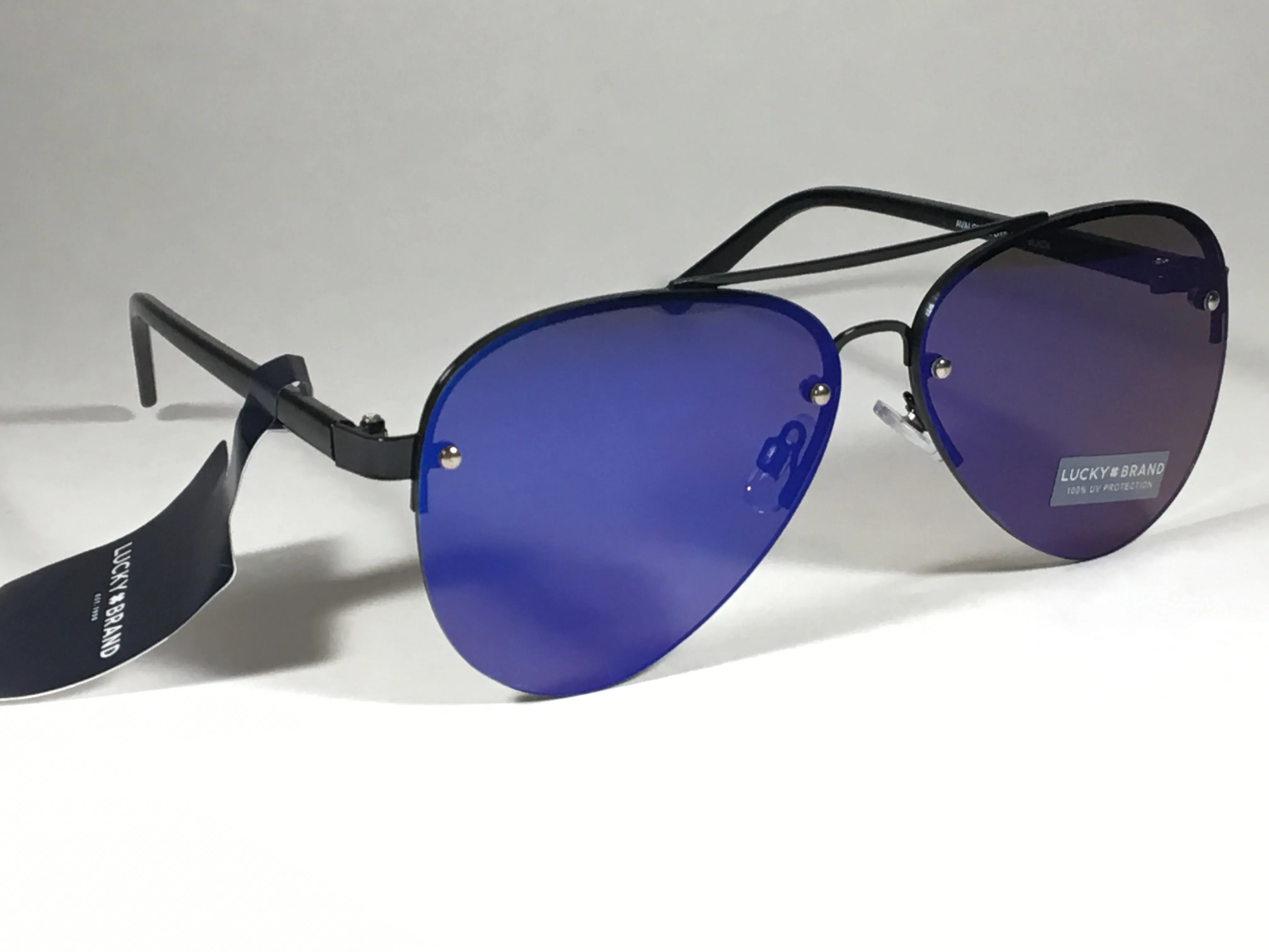 Lucky Brand Avalon Rimless Aviator Pilot Sunglasses Black Blue Mirror Lens