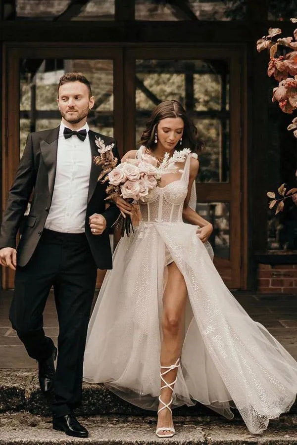 Luna | Ivory Straps A Line With Sequins Sleeveless Wedding Dresses