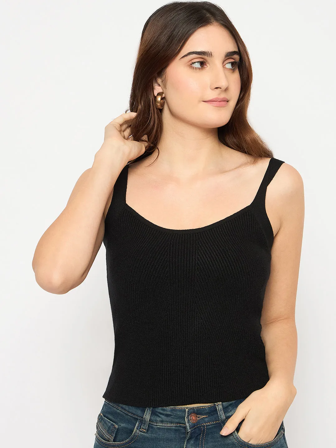 Madame Sleeveless Solid Black Ribbed Knit Sweater