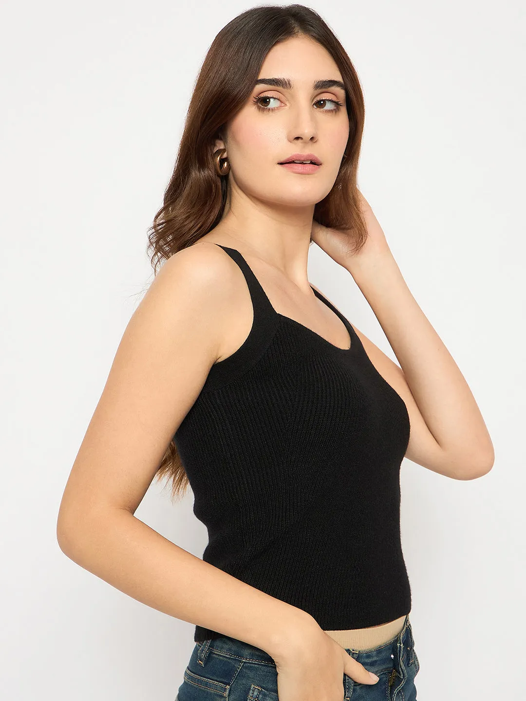 Madame Sleeveless Solid Black Ribbed Knit Sweater