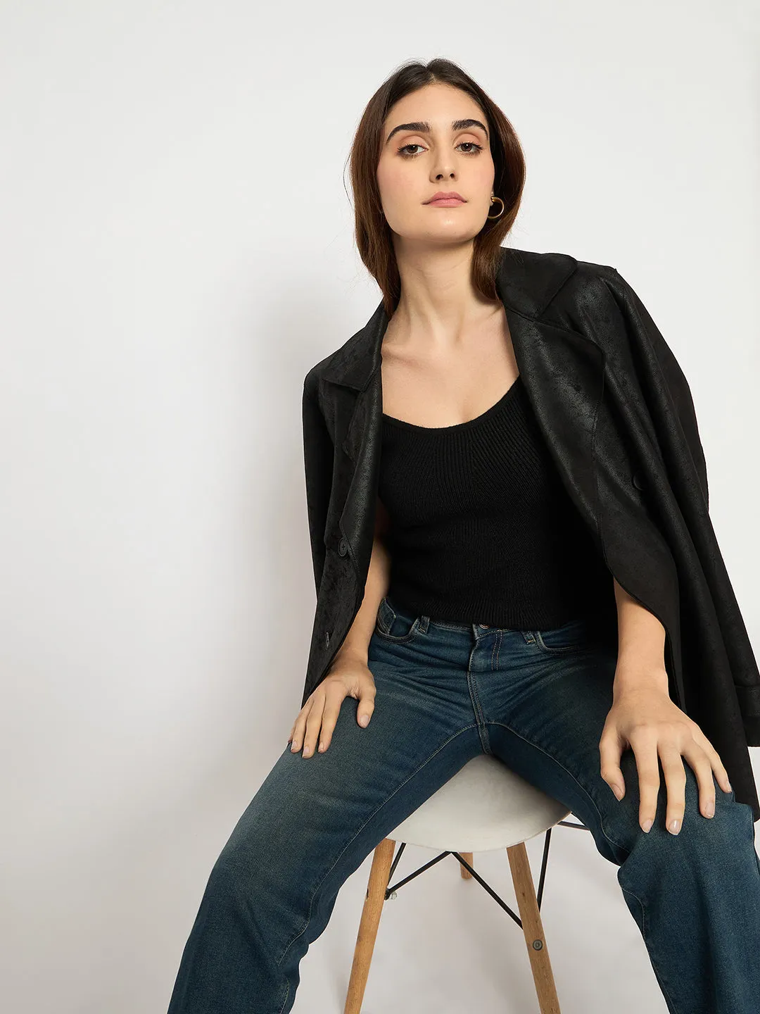 Madame Sleeveless Solid Black Ribbed Knit Sweater