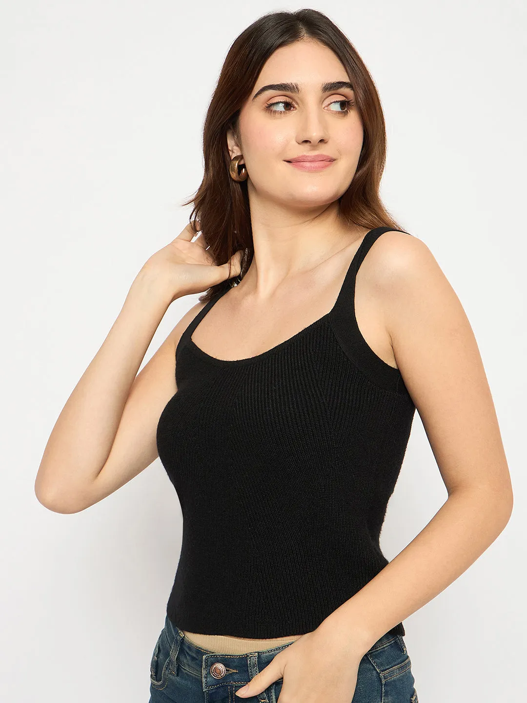 Madame Sleeveless Solid Black Ribbed Knit Sweater