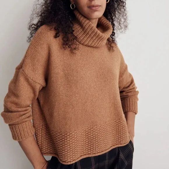 MADEWELL Sadler Turtleneck Sweater Sz Small Heather Camel Brown Merino Wool Boho