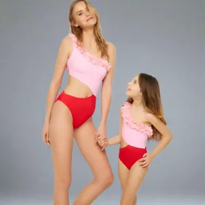Matching Mother-Daughter Floral Ruffle One-Shoulder Cutout Swimsuit – Pink and Red