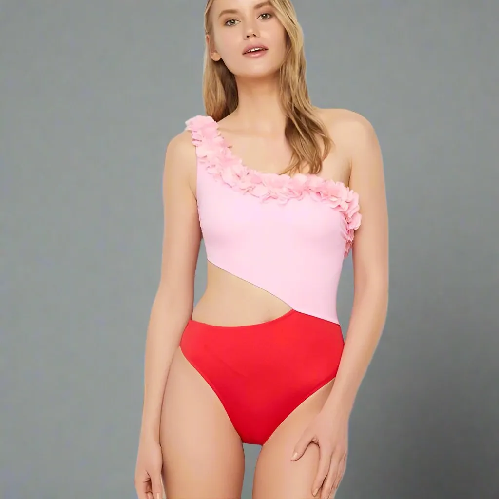 Matching Mother-Daughter Floral Ruffle One-Shoulder Cutout Swimsuit – Pink and Red