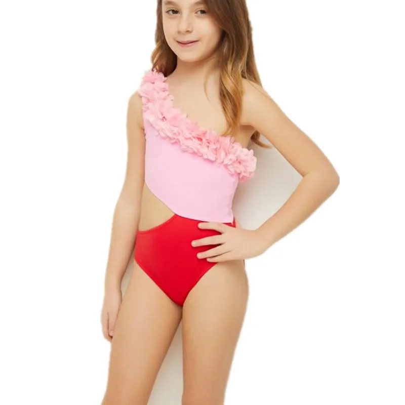 Matching Mother-Daughter Floral Ruffle One-Shoulder Cutout Swimsuit – Pink and Red