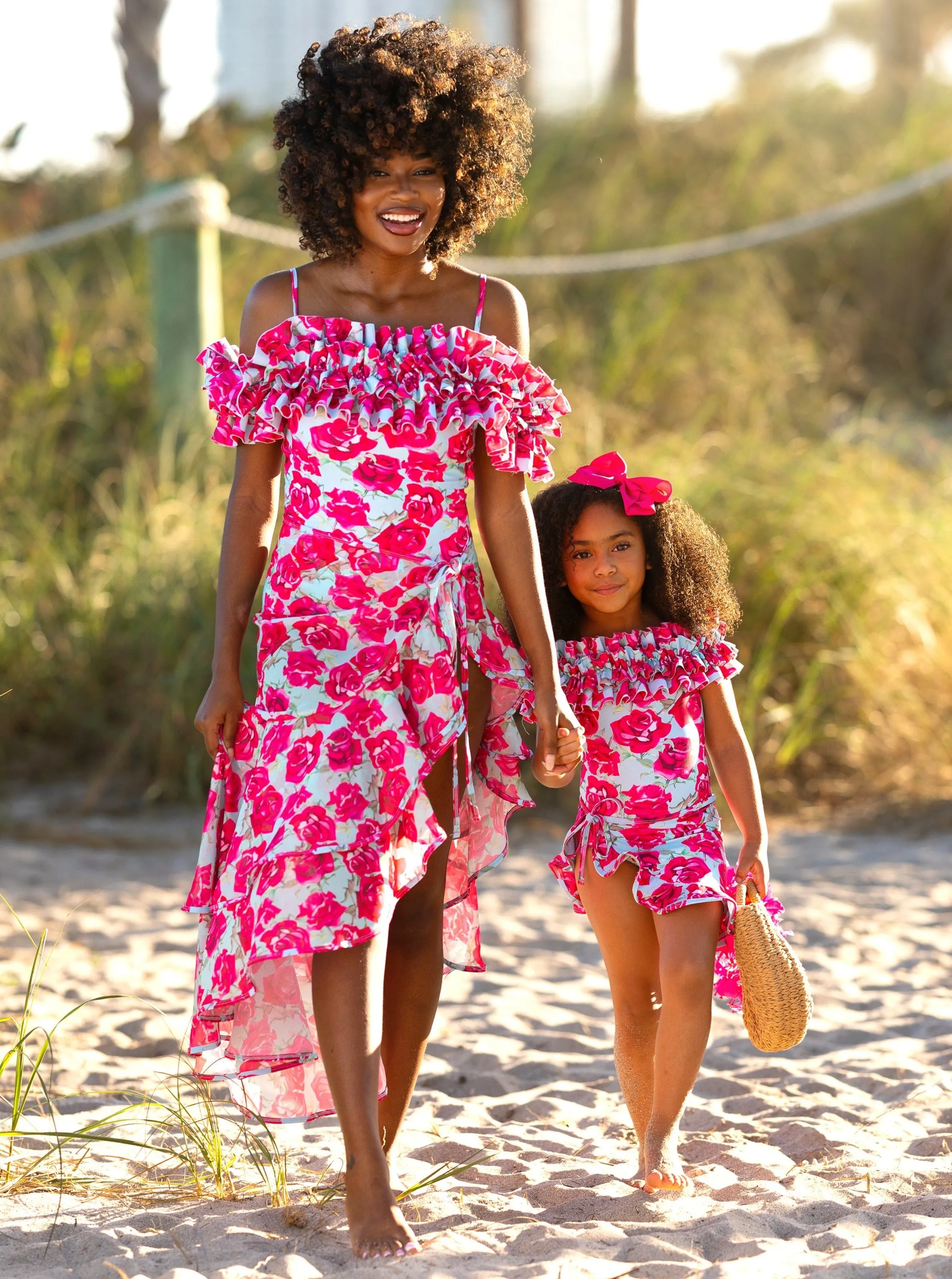 Mommy And Me Rose Ruffle Shoulder One Piece Swimsuit