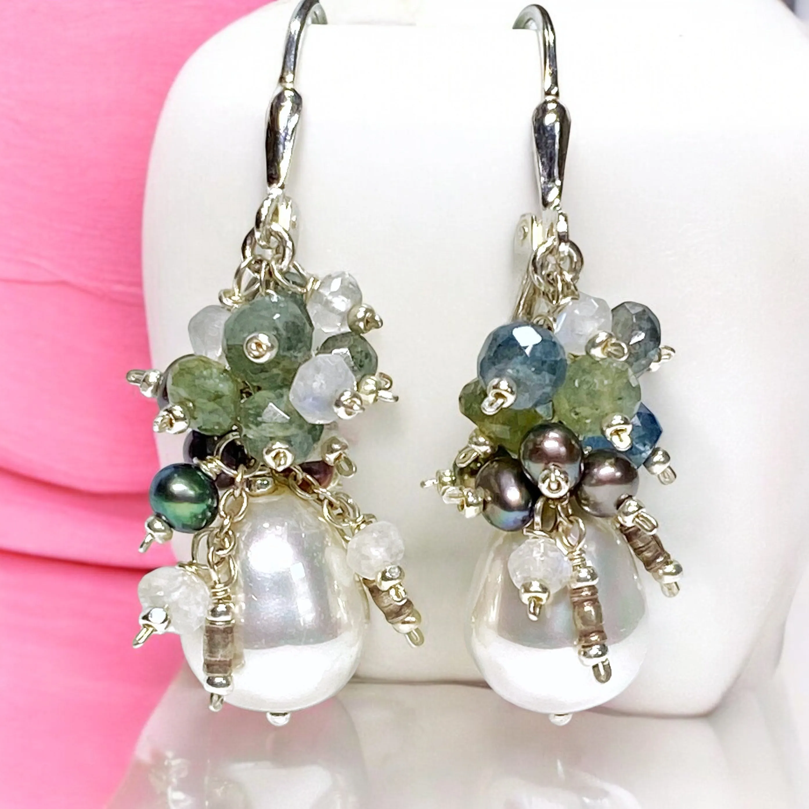 Moss Aquamarine and Pearl Cluster Earrings, Sterling Silver