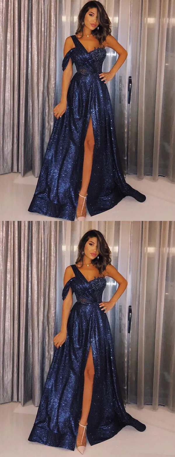 Navy Sequin One Shoulder A-line Shiny Long Prom Dresses,PD00341
