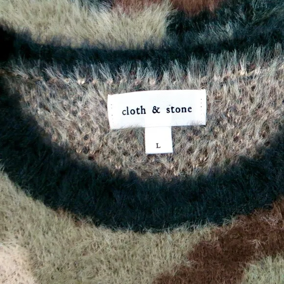 NEW! Anthropologie Cloth &amp; Stone Fuzzy Camo Sweater Green Black Size L