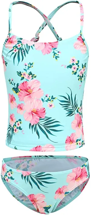 New Moon Tree Girls Two Piece Tankini Bathing Suit in Hawaiian Floral! Sz 11-12 Years!