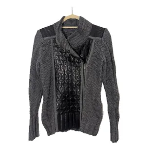 Nic Zoe Sweater Jacket Womens S Leather Knit Chunky Full Zip Heavyweight Gray