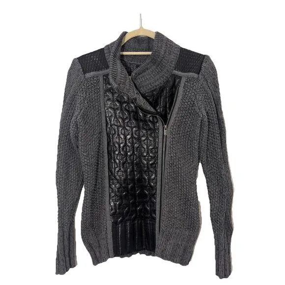 Nic Zoe Sweater Jacket Womens S Leather Knit Chunky Full Zip Heavyweight Gray