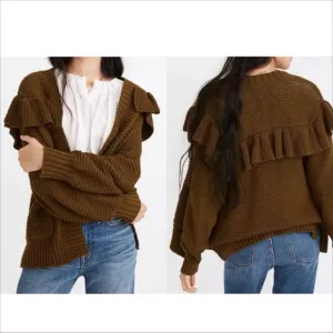 NWT Madewell Ruffle Chunky Knit Patch Pocket Cottagecore Granny Cardigan Sweater