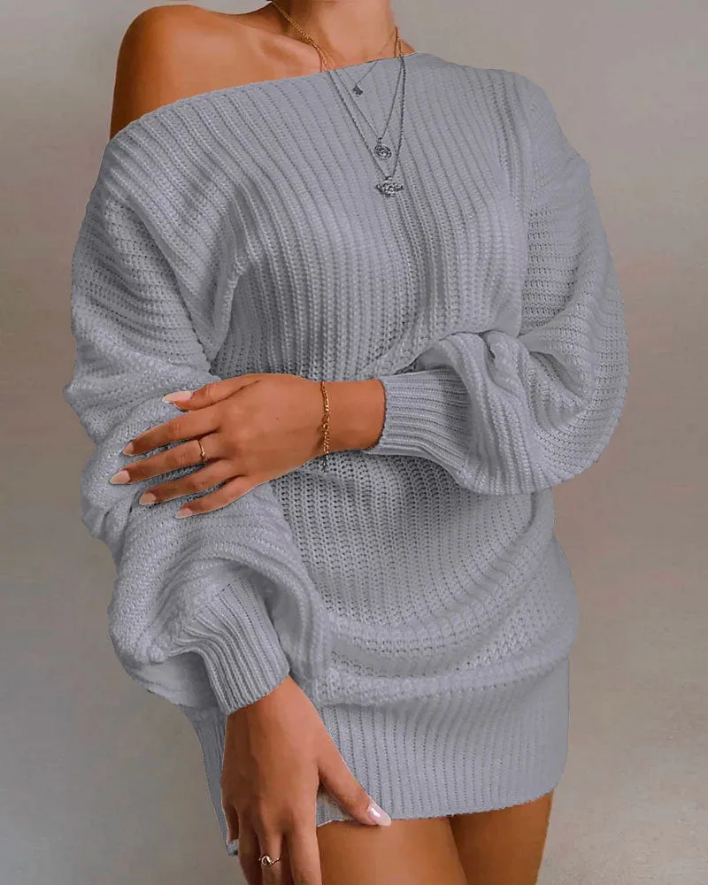 One Shoulder Lantern Sleeve Knit Sweater Mini Dresses