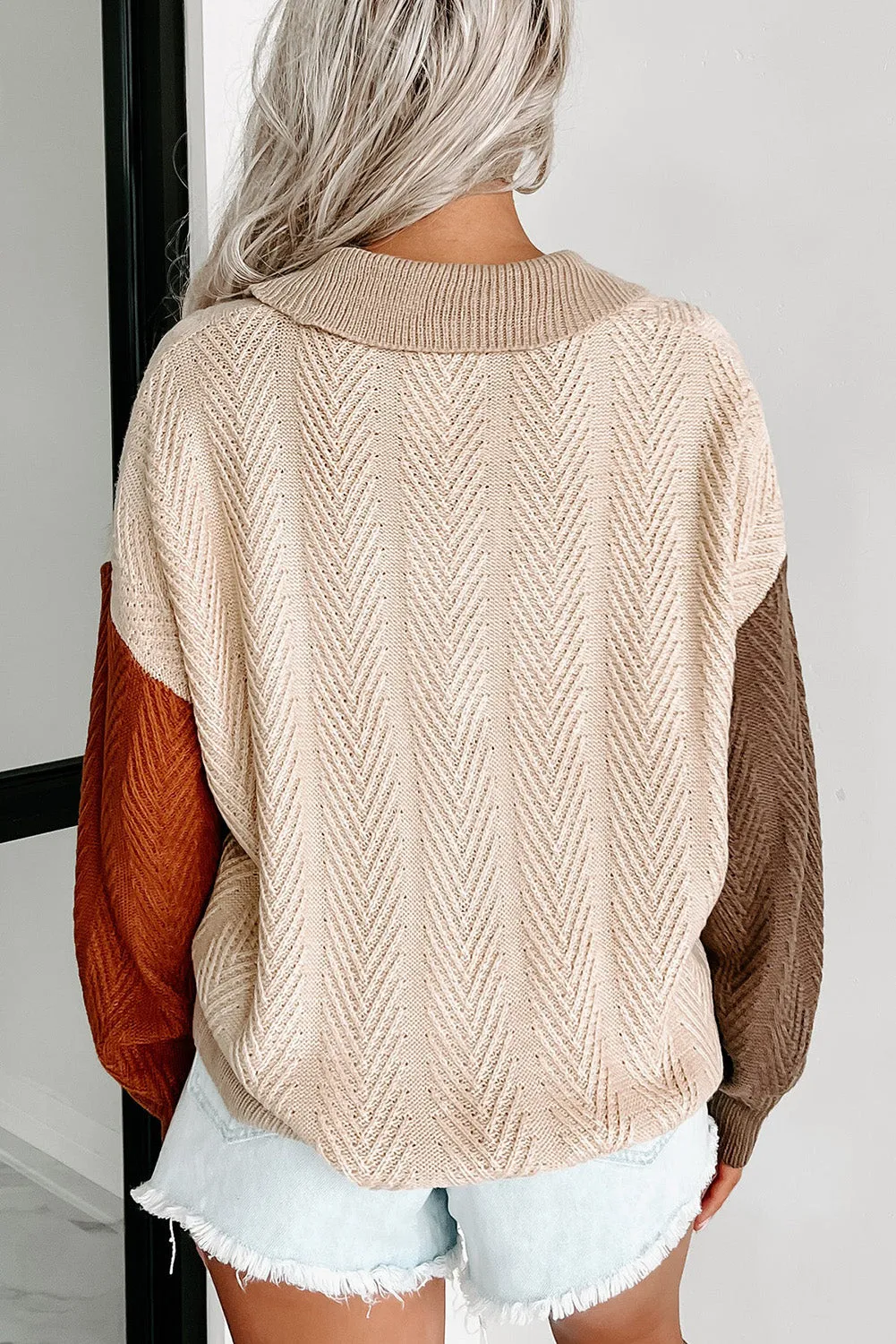 Parchment Contrast Sleeves Chevron Knit Collared Sweater