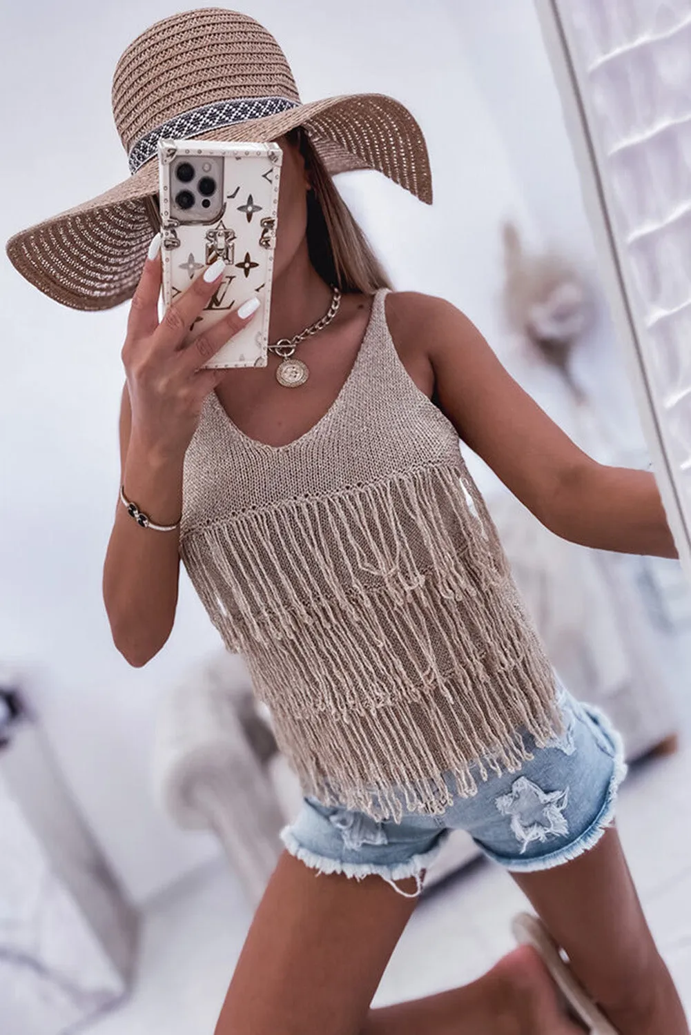 Parchment Cowgirl Fashion Fringed Knit Sweater Vest