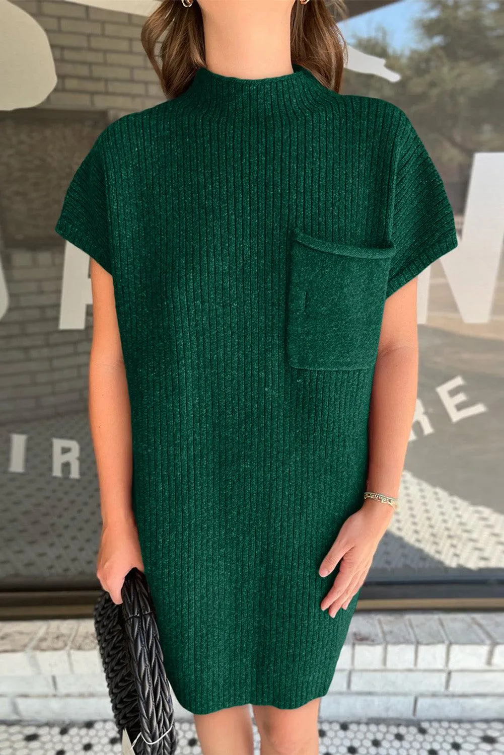 Patch Pocket Ribbed Knit Sweater Dress
