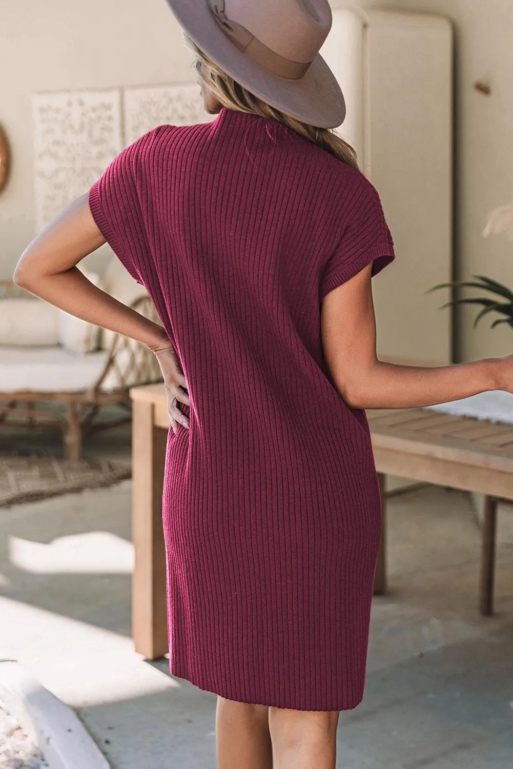 Patch Pocket Ribbed Knit Sweater Dress