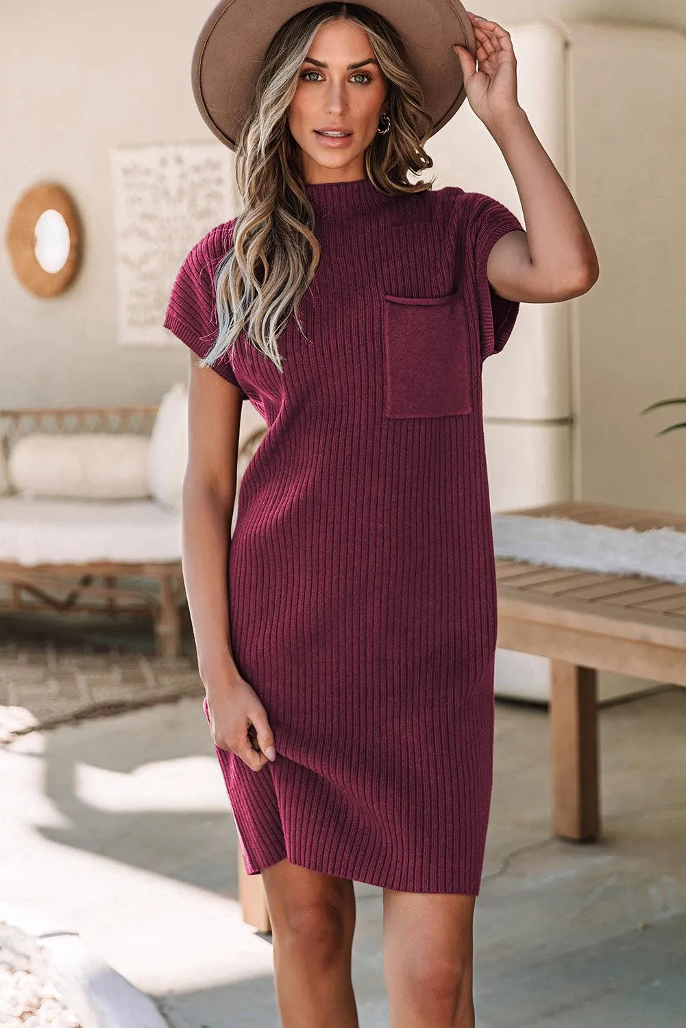 Patch Pocket Ribbed Knit Sweater Dress