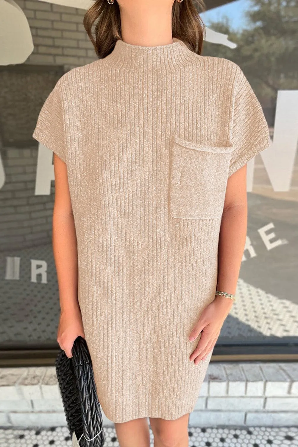 Patch Pocket Ribbed Knit Sweater Dress