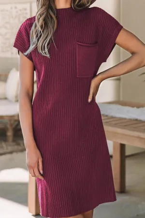 Patch Pocket Ribbed Knit Sweater Dress