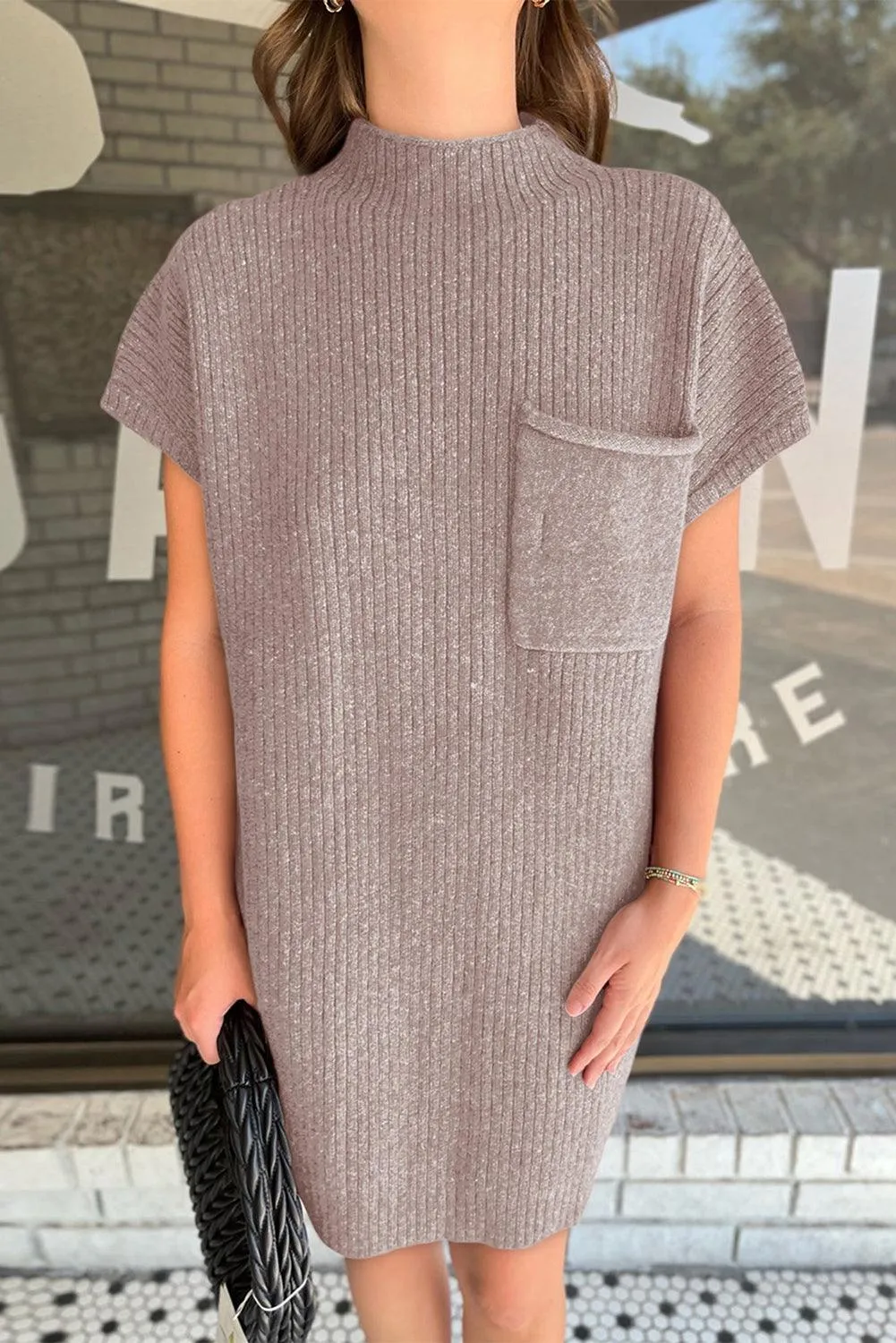 Patch Pocket Ribbed Knit Sweater Dress