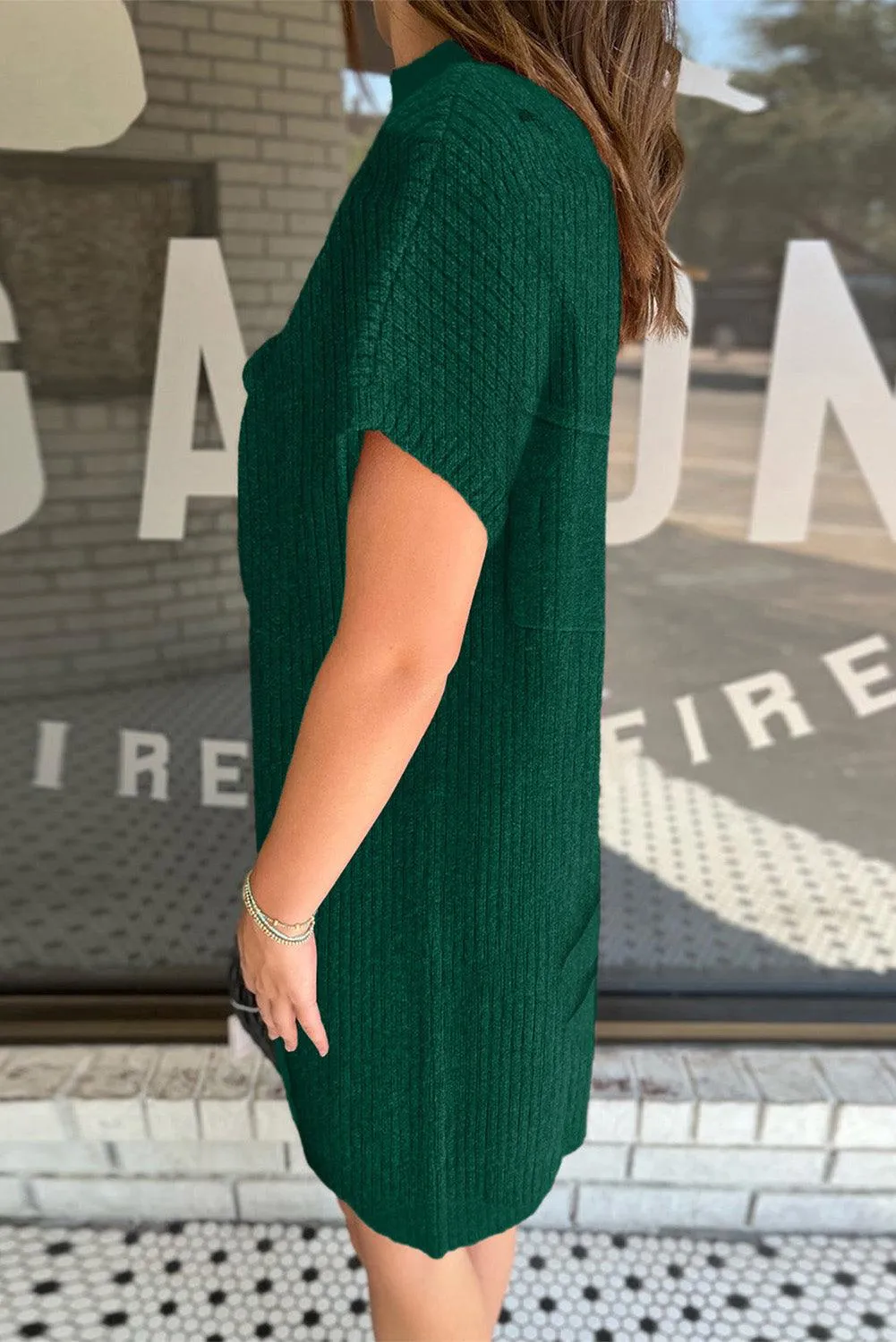 Patch Pocket Ribbed Knit Sweater Dress