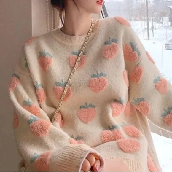 Peach sweater knit fuzzy stripe cream green loose