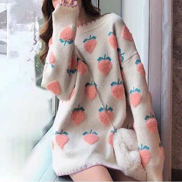 Peach sweater knit fuzzy stripe cream green loose