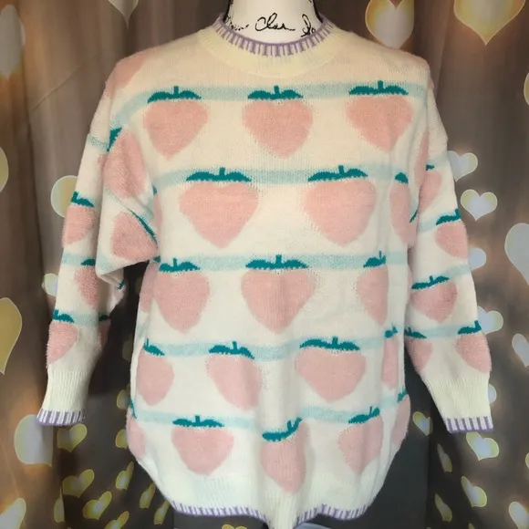 Peach sweater knit fuzzy stripe cream green loose