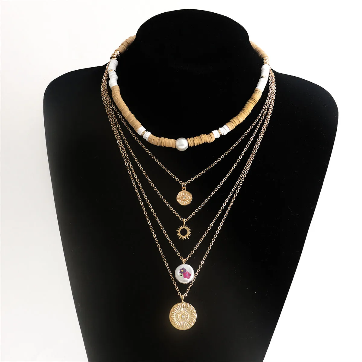 Pearl & Brown Polymer Clay Eye Floral Layered Pendant Necklace