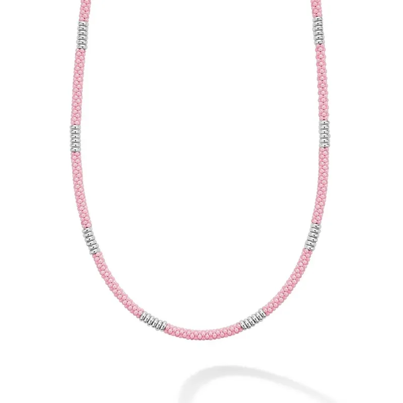 Pink Caviar Silver Station Ceramic Beaded Necklace, 3mm